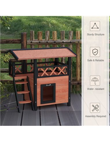 PawHut Cat House Outdoor w/ Balcony Stairs Roof, 77 x 50 x 73 cm, Brown