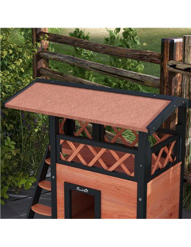 PawHut Cat House Outdoor w/ Balcony Stairs Roof, 77 x 50 x 73 cm, Brown