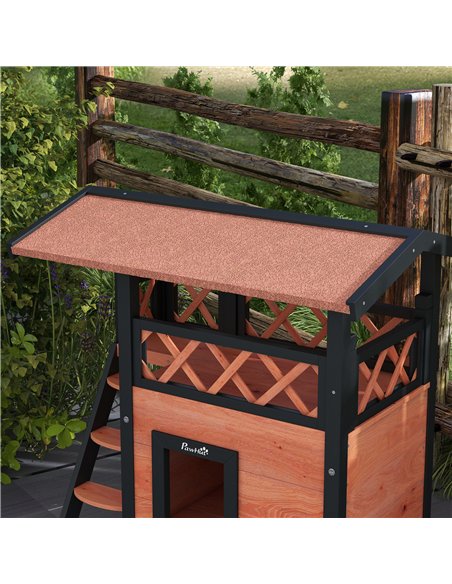 PawHut Cat House Outdoor w/ Balcony Stairs Roof, 77 x 50 x 73 cm, Brown - pic 149012 | FastDaddyshop