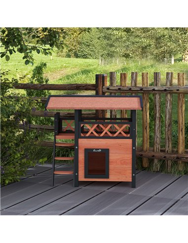 PawHut Cat House Outdoor w/ Balcony Stairs Roof, 77 x 50 x 73 cm, Brown