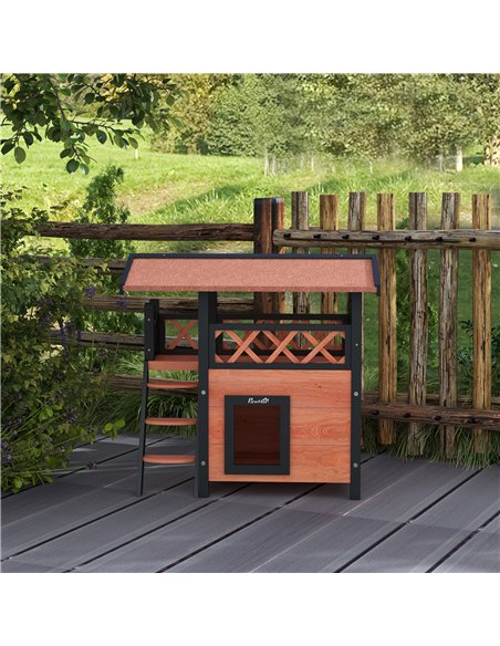PawHut Cat House Outdoor w/ Balcony Stairs Roof, 77 x 50 x 73 cm, Brown - pic 149013 | FastDaddyshop