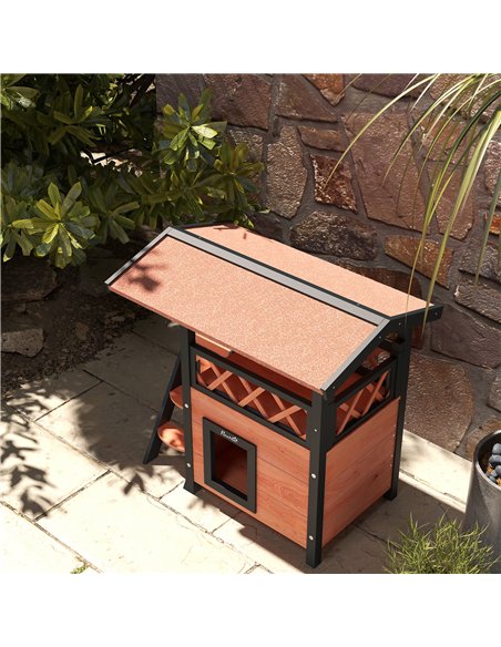 PawHut Cat House Outdoor w/ Balcony Stairs Roof, 77 x 50 x 73 cm, Brown - pic 149014 | FastDaddyshop