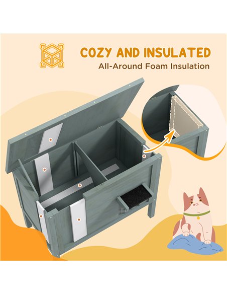 PawHut Feral Cat House, Wooden Insulated with Removable Floor, Water-Resistant Openable Roof - Charcoal Grey - pic 149018 | FastDaddyshop