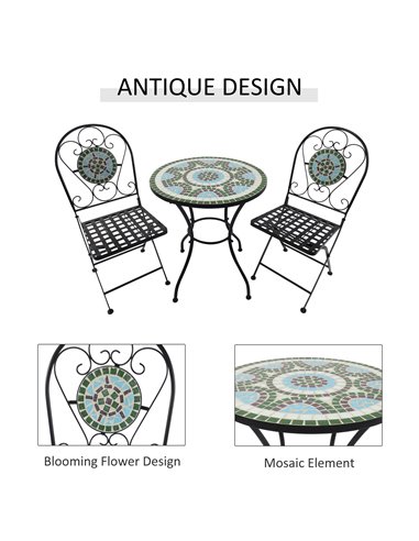 Outsunny 3pc Bistro Set Metal Dining Set Mosaic Garden Table 2 Seater Folding Chairs Patio Furniture Outdoor