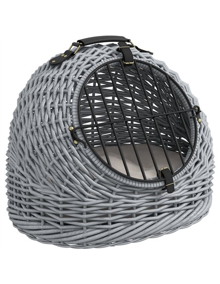 PawHut Wicker Pet Carrier Basket Cat Kitten Bed Portable Travel Cage w/ Soft Cushion Handle Grey 50 x 40 x 40 cm - pic 149033 | FastDaddyshop