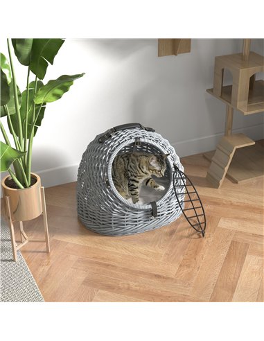PawHut Wicker Pet Carrier Basket Cat Kitten Bed Portable Travel Cage w/ Soft Cushion Handle Grey 50 x 40 x 40 cm