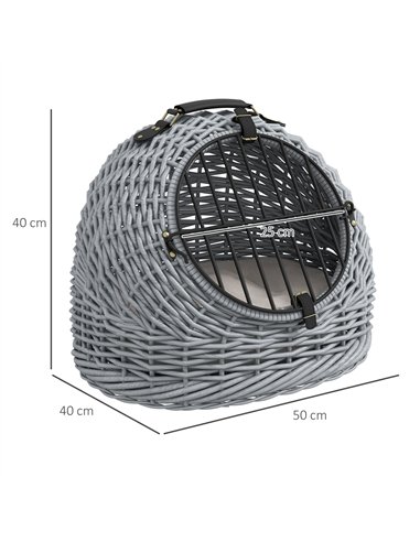 PawHut Wicker Pet Carrier Basket Cat Kitten Bed Portable Travel Cage w/ Soft Cushion Handle Grey 50 x 40 x 40 cm