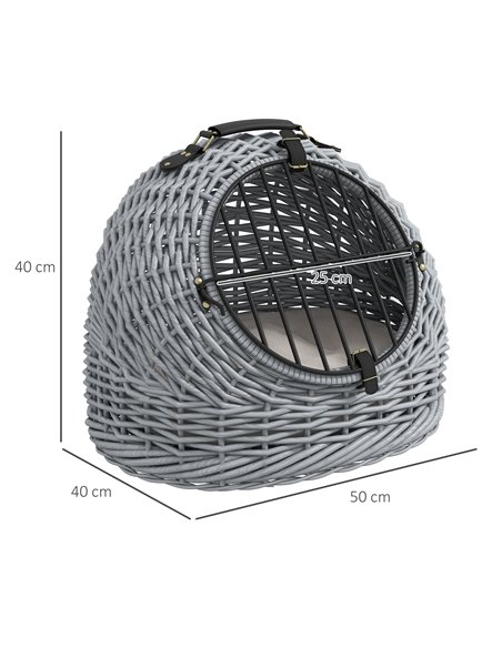 PawHut Wicker Pet Carrier Basket Cat Kitten Bed Portable Travel Cage w/ Soft Cushion Handle Grey 50 x 40 x 40 cm - pic 149035 | FastDaddyshop