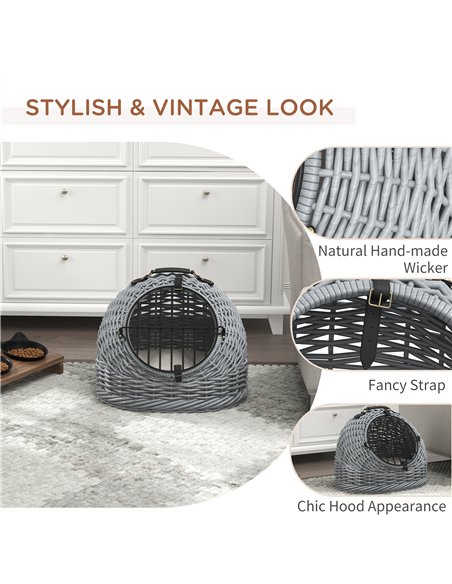 PawHut Wicker Pet Carrier Basket Cat Kitten Bed Portable Travel Cage w/ Soft Cushion Handle Grey 50 x 40 x 40 cm - pic 149036 | FastDaddyshop