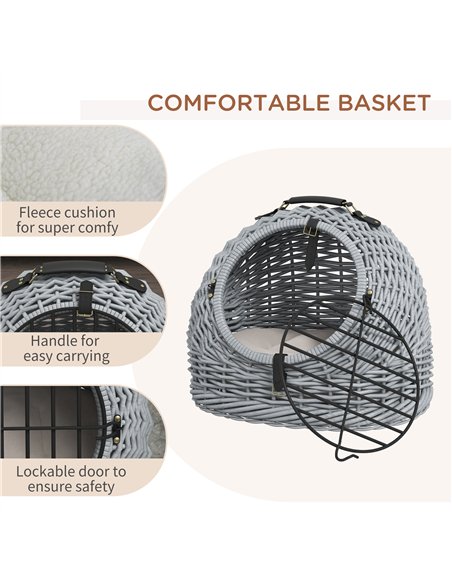 PawHut Wicker Pet Carrier Basket Cat Kitten Bed Portable Travel Cage w/ Soft Cushion Handle Grey 50 x 40 x 40 cm - pic 149037 | FastDaddyshop