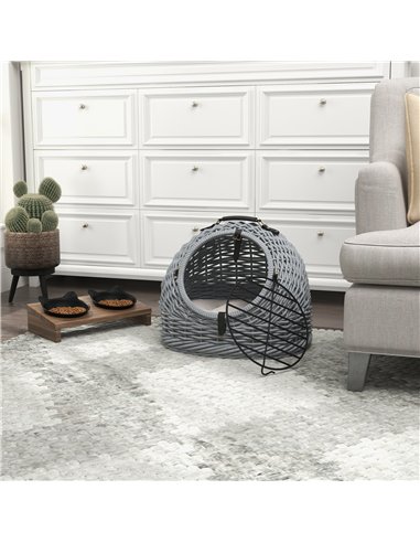 PawHut Wicker Pet Carrier Basket Cat Kitten Bed Portable Travel Cage w/ Soft Cushion Handle Grey 50 x 40 x 40 cm