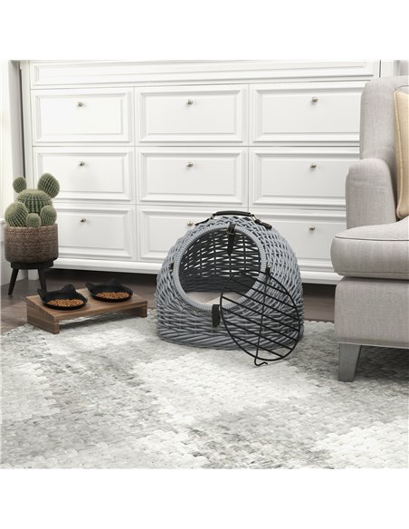 PawHut Wicker Pet Carrier Basket Cat Kitten Bed Portable Travel Cage w/ Soft Cushion Handle Grey 50 x 40 x 40 cm - pic 149039 | FastDaddyshop