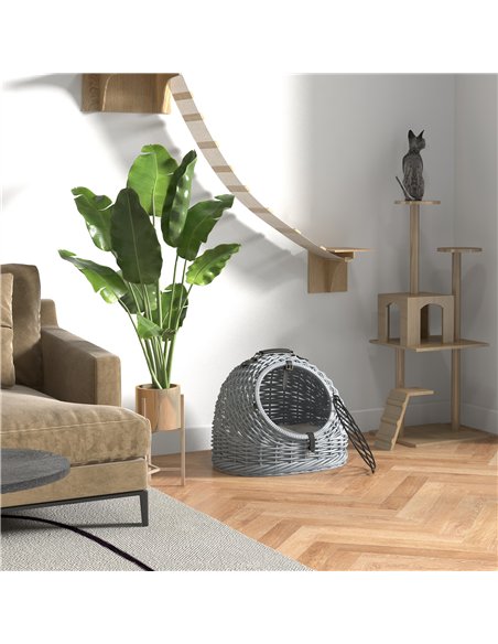 PawHut Wicker Pet Carrier Basket Cat Kitten Bed Portable Travel Cage w/ Soft Cushion Handle Grey 50 x 40 x 40 cm - pic 149040 | FastDaddyshop
