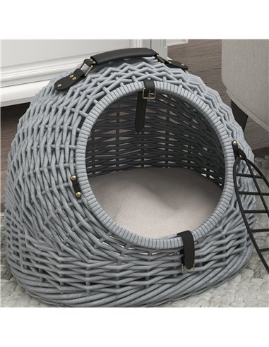 PawHut Wicker Pet Carrier Basket Cat Kitten Bed Portable Travel Cage w/ Soft Cushion Handle Grey 50 x 40 x 40 cm