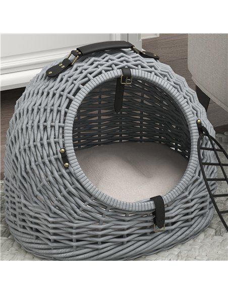 PawHut Wicker Pet Carrier Basket Cat Kitten Bed Portable Travel Cage w/ Soft Cushion Handle Grey 50 x 40 x 40 cm - pic 149041 | FastDaddyshop