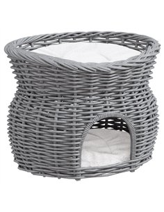 PawHut 2-Tier Wicker Cat House Elevated Pet Bed Basket Willow Kitten Tower Pet Den. with Washable Cushions 56x37x40cm Grey