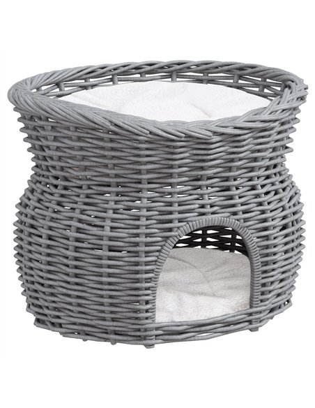 PawHut 2-Tier Wicker Cat House Elevated Pet Bed Basket Willow Kitten Tower Pet Den. with Washable Cushions 56x37x40cm Grey - pic 149042 | FastDaddyshop
