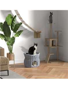 PawHut 2-Tier Wicker Cat House Elevated Pet Bed Basket Willow Kitten Tower Pet Den. with Washable Cushions 56x37x40cm Grey 2