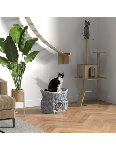 PawHut 2-Tier Wicker Cat House Elevated Pet Bed Basket Willow Kitten Tower Pet Den. with Washable Cushions 56x37x40cm Grey