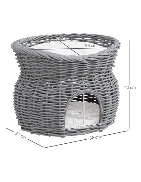 PawHut 2-Tier Wicker Cat House Elevated Pet Bed Basket Willow Kitten Tower Pet Den. with Washable Cushions 56x37x40cm Grey - pic 149044 | FastDaddyshop