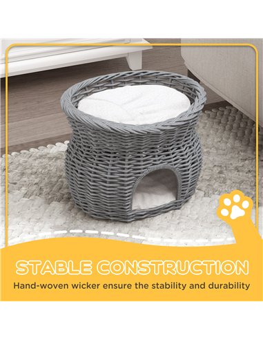 PawHut 2-Tier Wicker Cat House Elevated Pet Bed Basket Willow Kitten Tower Pet Den. with Washable Cushions 56x37x40cm Grey