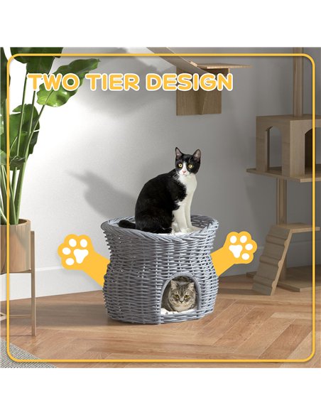 PawHut 2-Tier Wicker Cat House Elevated Pet Bed Basket Willow Kitten Tower Pet Den. with Washable Cushions 56x37x40cm Grey - pic 149046 | FastDaddyshop