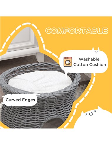 PawHut 2-Tier Wicker Cat House Elevated Pet Bed Basket Willow Kitten Tower Pet Den. with Washable Cushions 56x37x40cm Grey