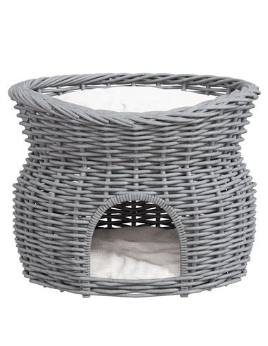 PawHut 2-Tier Wicker Cat House Elevated Pet Bed Basket Willow Kitten Tower Pet Den. with Washable Cushions 56x37x40cm Grey