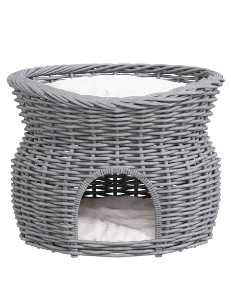PawHut 2-Tier Wicker Cat House Elevated Pet Bed Basket Willow Kitten Tower Pet Den. with Washable Cushions 56x37x40cm Grey - pic 149048 | FastDaddyshop