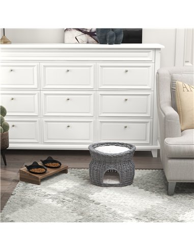 PawHut 2-Tier Wicker Cat House Elevated Pet Bed Basket Willow Kitten Tower Pet Den. with Washable Cushions 56x37x40cm Grey