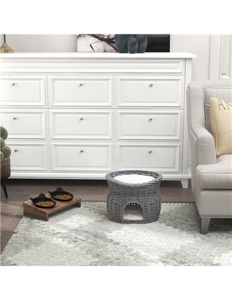 PawHut 2-Tier Wicker Cat House Elevated Pet Bed Basket Willow Kitten Tower Pet Den. with Washable Cushions 56x37x40cm Grey - pic 149050 | FastDaddyshop