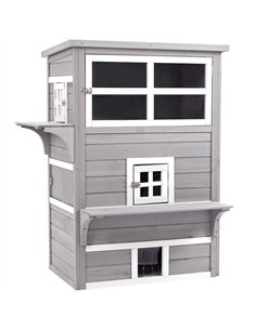 PawHut Three-Tier wooden Kitten Shelter, Outdoor Cat House, with Jumping Platforms, Asphalt Roof, Doors - Grey