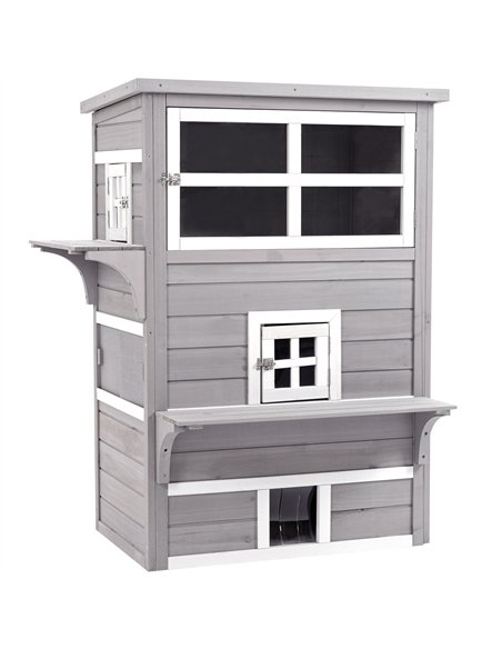 PawHut Three-Tier wooden Kitten Shelter, Outdoor Cat House, with Jumping Platforms, Asphalt Roof, Doors - Grey - pic 149051 | FastDaddyshop