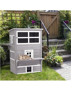 PawHut Three-Tier wooden Kitten Shelter, Outdoor Cat House, with Jumping Platforms, Asphalt Roof, Doors - Grey 2
