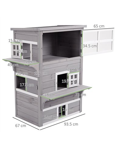 PawHut Three-Tier wooden Kitten Shelter, Outdoor Cat House, with Jumping Platforms, Asphalt Roof, Doors - Grey