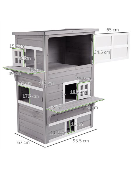 PawHut Three-Tier wooden Kitten Shelter, Outdoor Cat House, with Jumping Platforms, Asphalt Roof, Doors - Grey - pic 149053 | FastDaddyshop