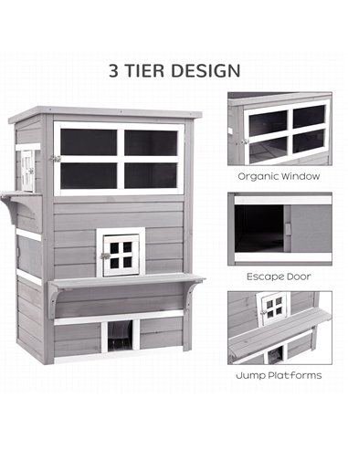 PawHut Three-Tier wooden Kitten Shelter, Outdoor Cat House, with Jumping Platforms, Asphalt Roof, Doors - Grey