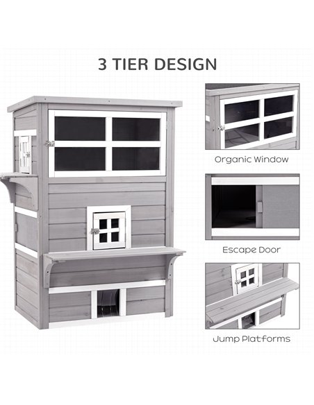 PawHut Three-Tier wooden Kitten Shelter, Outdoor Cat House, with Jumping Platforms, Asphalt Roof, Doors - Grey - pic 149054 | FastDaddyshop