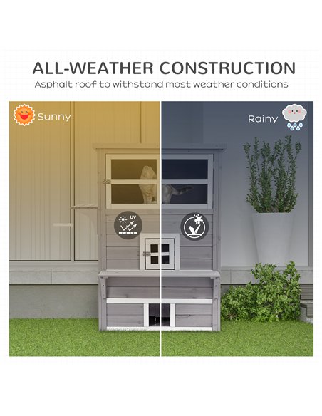 PawHut Three-Tier wooden Kitten Shelter, Outdoor Cat House, with Jumping Platforms, Asphalt Roof, Doors - Grey - pic 149055 | FastDaddyshop