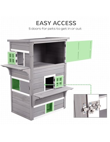PawHut Three-Tier wooden Kitten Shelter, Outdoor Cat House, with Jumping Platforms, Asphalt Roof, Doors - Grey