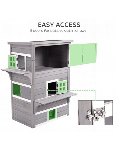 PawHut Three-Tier wooden Kitten Shelter, Outdoor Cat House, with Jumping Platforms, Asphalt Roof, Doors - Grey - pic 149056 | FastDaddyshop