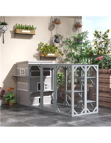 PawHut Three-Tier wooden Kitten Shelter, Outdoor Cat House, with Jumping Platforms, Asphalt Roof, Doors - Grey