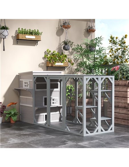 PawHut Three-Tier wooden Kitten Shelter, Outdoor Cat House, with Jumping Platforms, Asphalt Roof, Doors - Grey - pic 149058 | FastDaddyshop