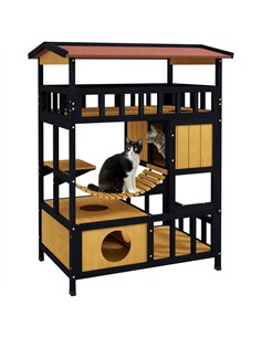 PawHut Outdoor Cat Shelter, Four-Tier Wooden Feral Cat House, with Suspension Bridge, Cat Houses, Balcony, Escape Doors