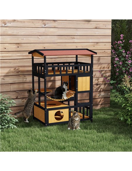 PawHut Outdoor Cat Shelter, Four-Tier Wooden Feral Cat House, with Suspension Bridge, Cat Houses, Balcony, Escape Doors - pic 149061 | FastDaddyshop