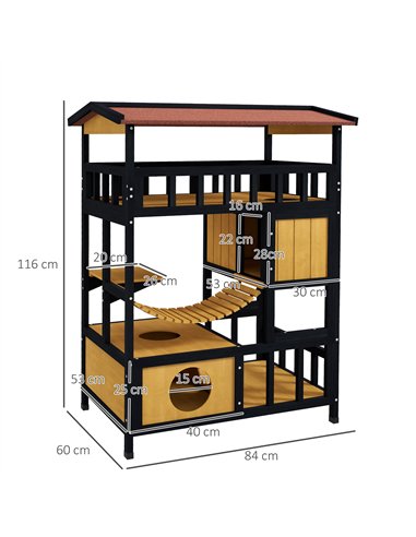 PawHut Outdoor Cat Shelter, Four-Tier Wooden Feral Cat House, with Suspension Bridge, Cat Houses, Balcony, Escape Doors