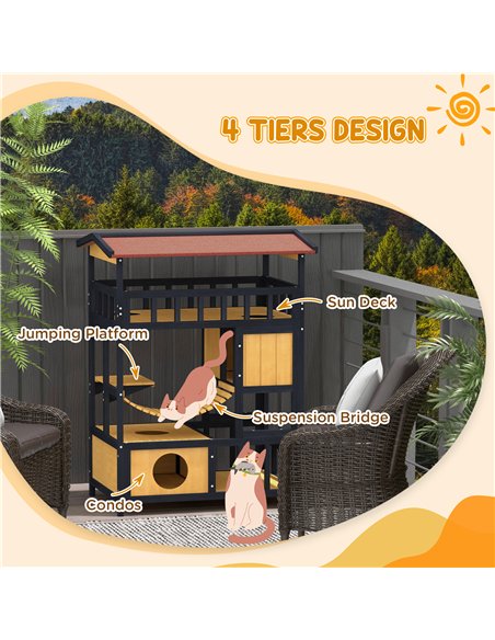 PawHut Outdoor Cat Shelter, Four-Tier Wooden Feral Cat House, with Suspension Bridge, Cat Houses, Balcony, Escape Doors - pic 149063 | FastDaddyshop