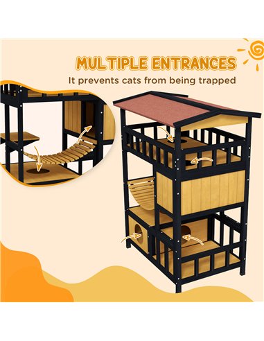PawHut Outdoor Cat Shelter, Four-Tier Wooden Feral Cat House, with Suspension Bridge, Cat Houses, Balcony, Escape Doors