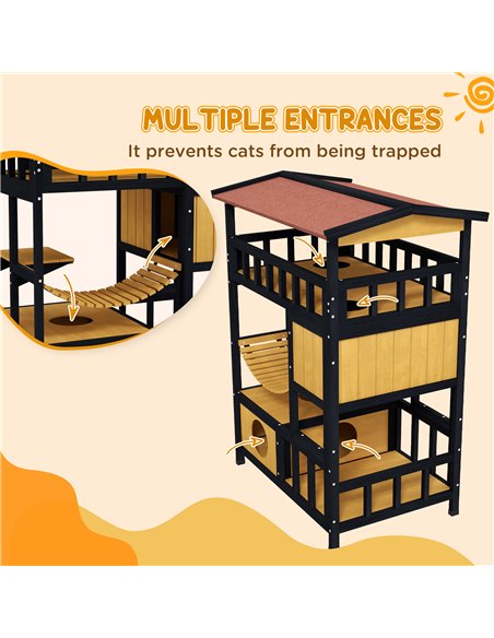 PawHut Outdoor Cat Shelter, Four-Tier Wooden Feral Cat House, with Suspension Bridge, Cat Houses, Balcony, Escape Doors - pic 149065 | FastDaddyshop