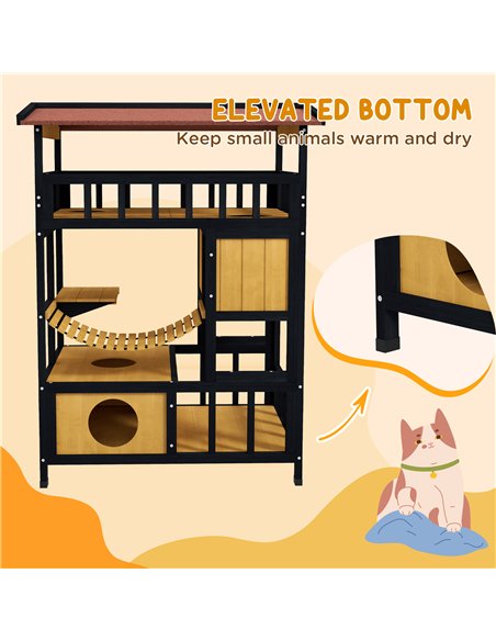 PawHut Outdoor Cat Shelter, Four-Tier Wooden Feral Cat House, with Suspension Bridge, Cat Houses, Balcony, Escape Doors - pic 149066 | FastDaddyshop